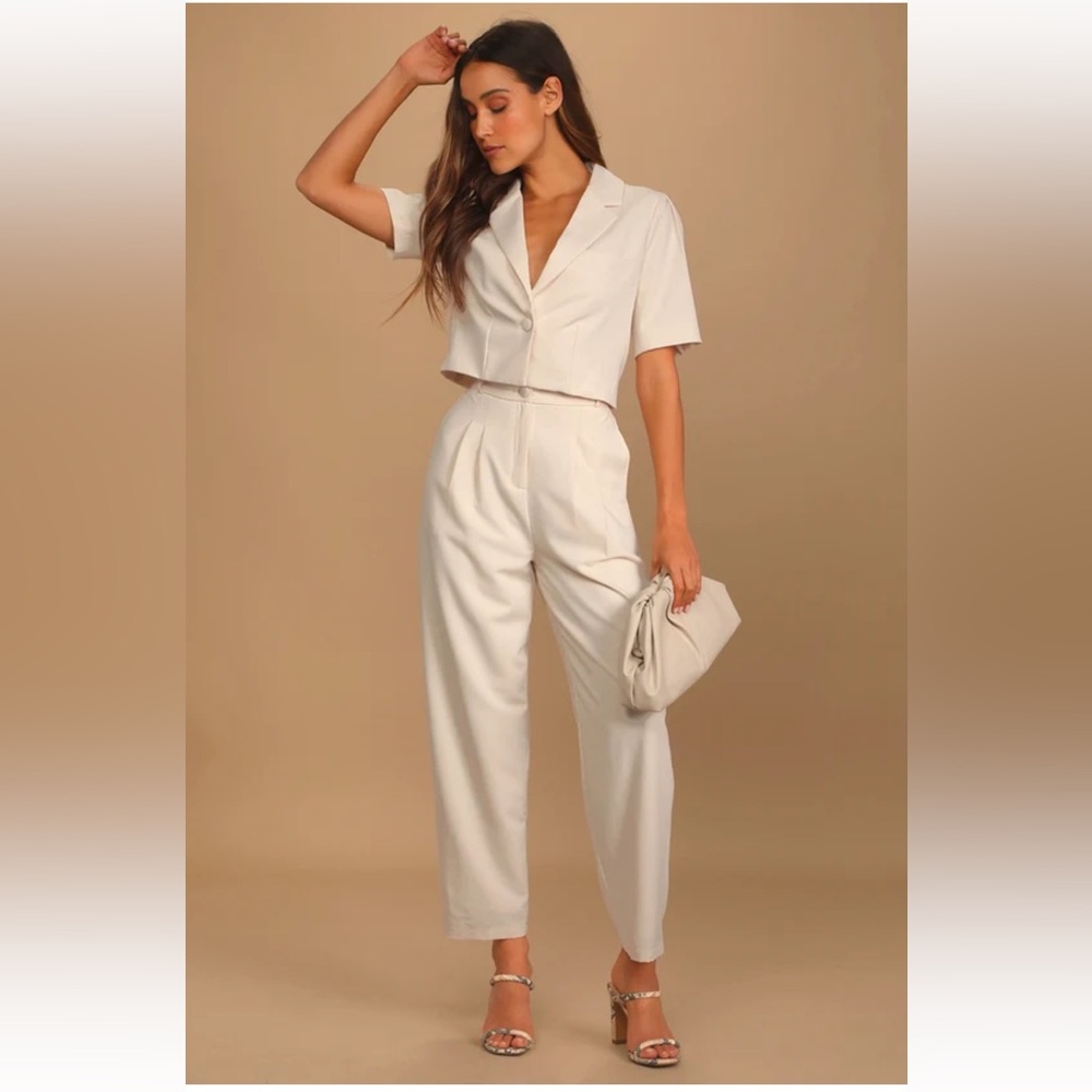 NWT - Lulus - Posh Company Cropped Short Sleeve Blazer and Pant Set - Ivory
